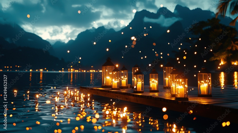 A line of flickering candles perched atop a pier, overlooking a tranquil body of water and towering mountains behind A line of flickering candles perched atop a pier, overlooking a tranquil body of water and towering mountains behind