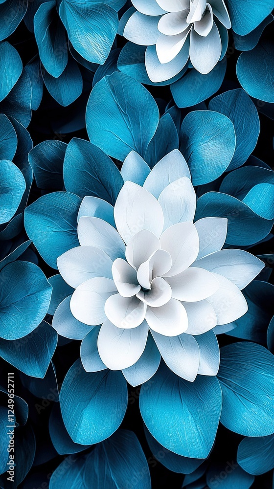   A cluster of blue and white blooms atop a bed of blue and white petals