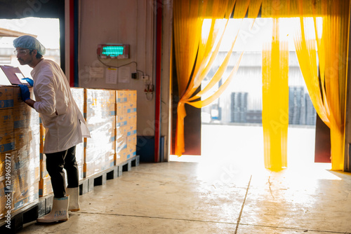 Inspector with clipboard supervising palletized goods in a storage facility Emphasis on quality assurance production processes and warehouse management in a professional environment photo