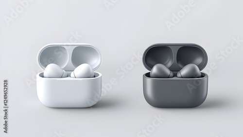 Wireless Earbuds in White and Gray Charging Cases - Minimalist Product Shot