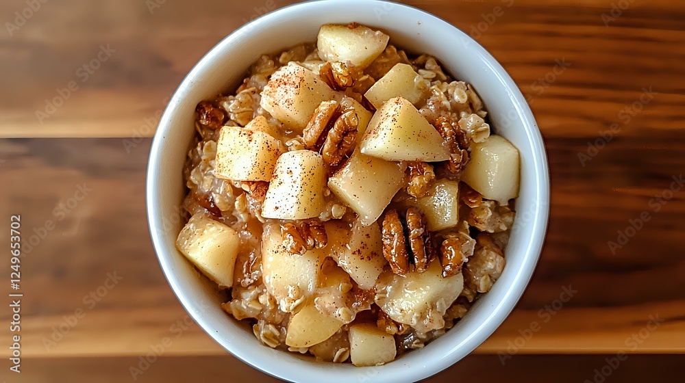 Warm bowl of steel cut oatmeal topped with caramelized pears, crunchy pecans and cinnamon on wooden table, healthy breakfast comfort food served fresh. Warm bowl of steel cut oatmeal topped with caramelized pears, crunchy pecans and cinnamon on wooden table, healthy breakfast comfort food served fresh.