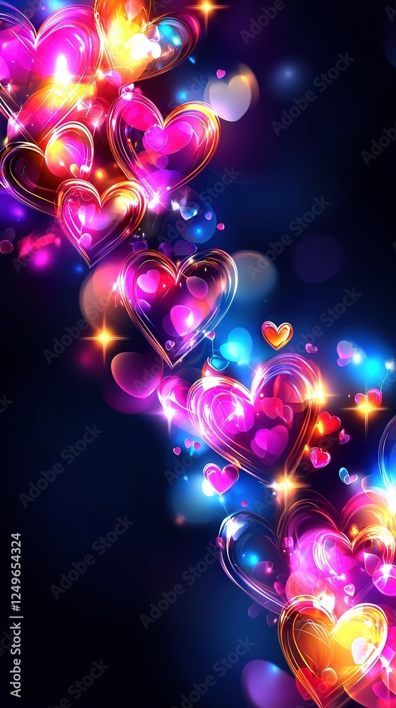 A collection of heart-shaped lights against a dark background, with a blue backdrop and a red and yellow heart situated to the left A collection of heart-shaped lights against a dark background, with a blue backdrop and a red and yellow heart situated to the left