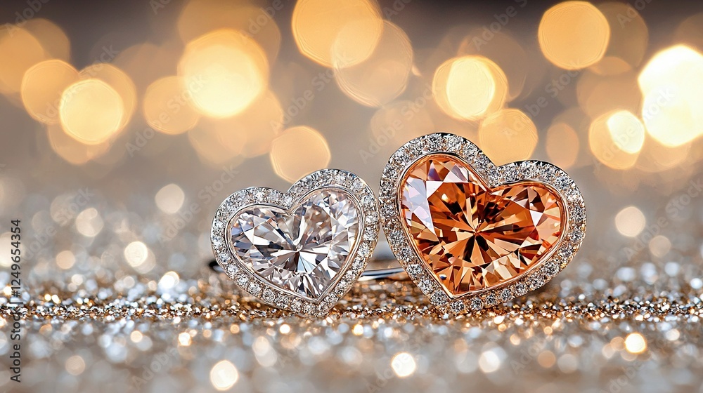 A pair of heart-shaped rings resting atop a sparkling background, illuminated by surrounding lights A pair of heart-shaped rings resting atop a sparkling background, illuminated by surrounding lights