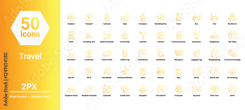 travel icons set such as, 	airplane, balloon, bicycle, bike, black, booking, camera, flat, food, hotel, icon, illustration, isolated, light, line, minimalist, outline, vector stock illustration