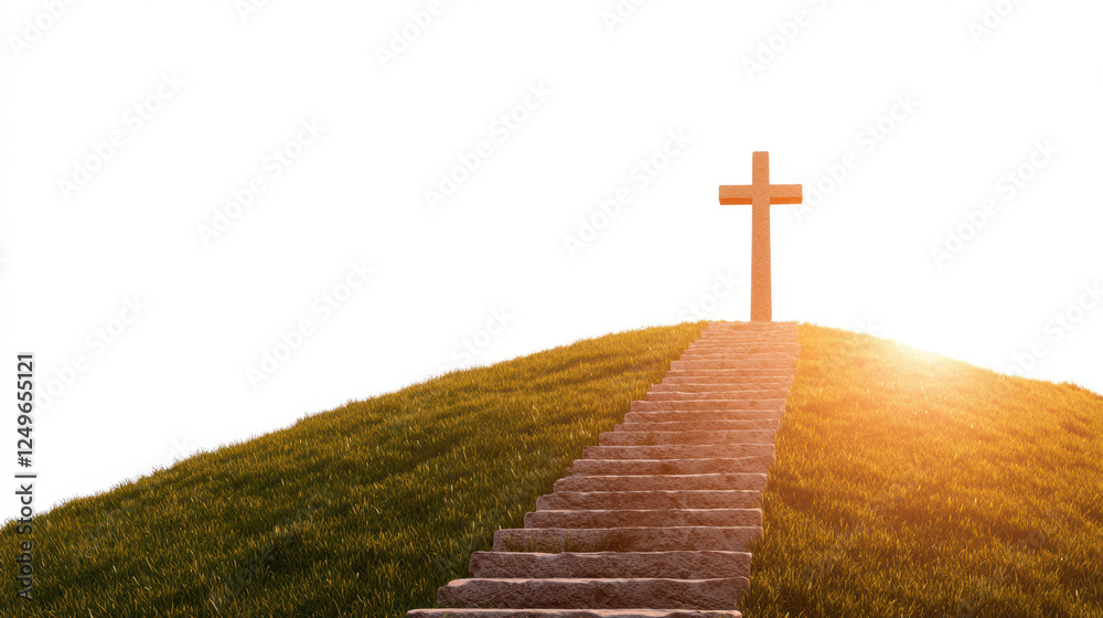 easter sunrise service. Stone pathway leading to cross on hill at sunset easter sunrise service. Stone pathway leading to cross on hill at sunset