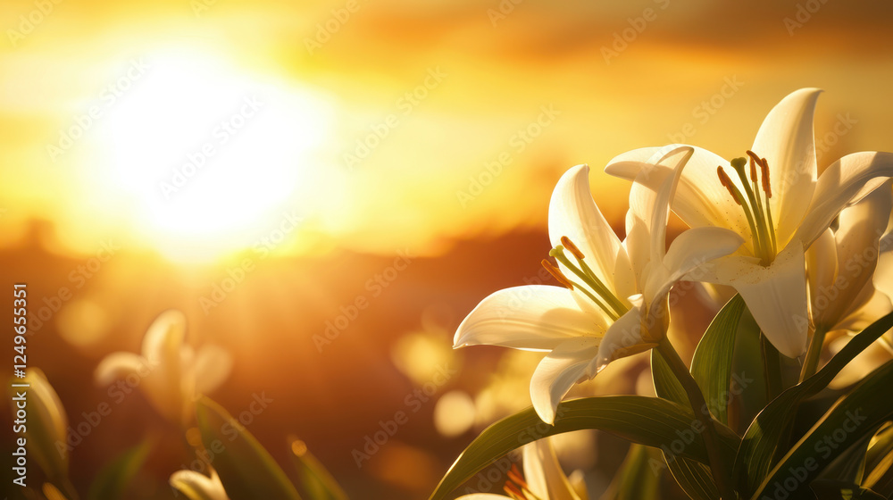 easter sunrise service. White lilies bloom beautifully in foreground at sunrise easter sunrise service. White lilies bloom beautifully in foreground at sunrise