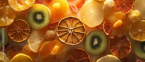 Overhead View of Dried Fruits with Citrus Slices: A Vibrant Assortment of Healthy Snacks photo