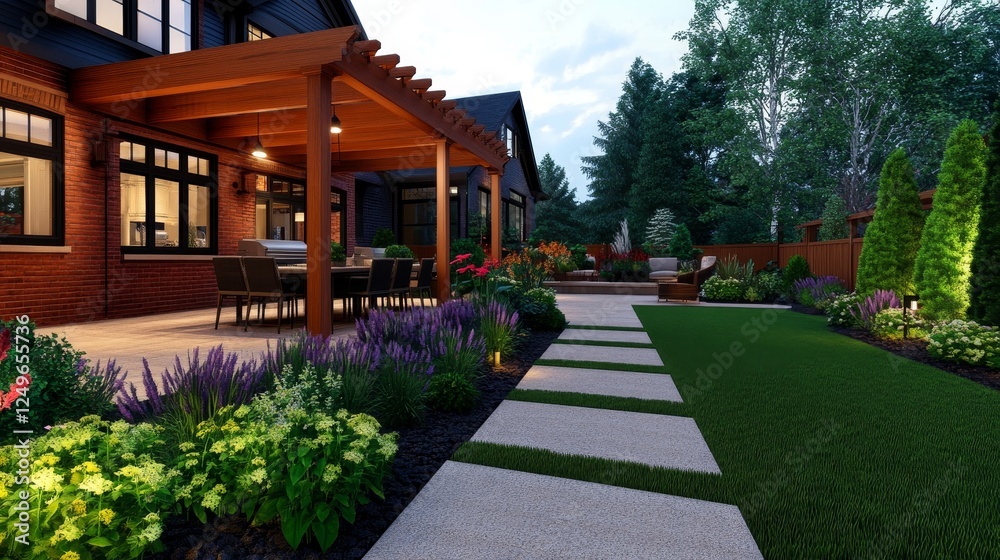 Obraz premium Beautiful backyard garden with patio seating, vibrant flower, and serene landscaping at dusk