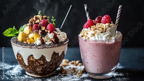 A side-by-side comparison of a nutrient-packed vegetarian smoothie bowl and a high-calorie fast food milkshake with sugary toppings