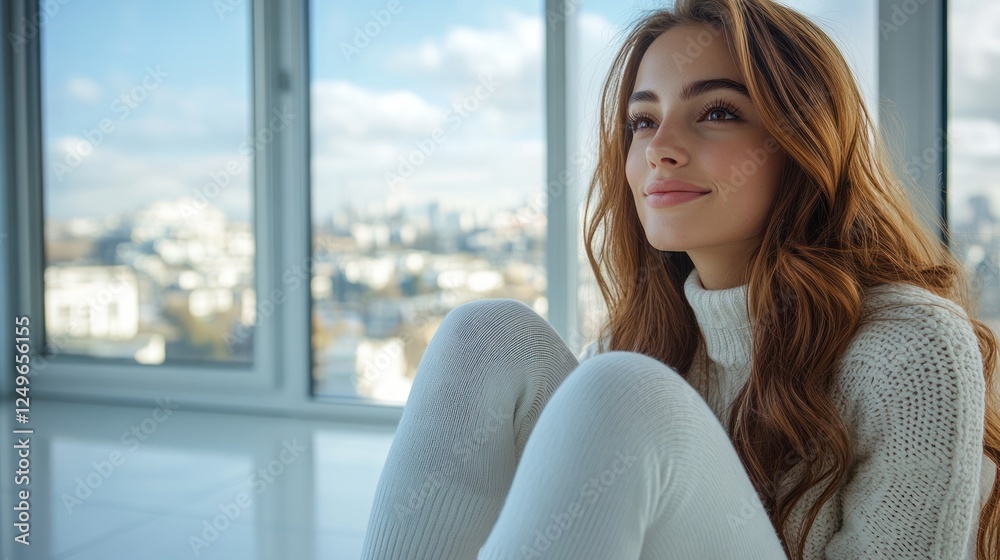 A young woman with long brown hair sits by a window, gazing out at the city with a smile. A young woman with long brown hair sits by a window, gazing out at the city with a smile.