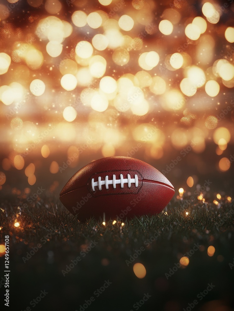 american football ball on the grass with blurred stadium. lights in the background, horizontal wallpaper or banner, large copy space for text. sport, show and big game concept. illustration american football ball on the grass with blurred stadium. lights in the background, horizontal wallpaper or banner, large copy space for text. sport, show and big game concept. illustration