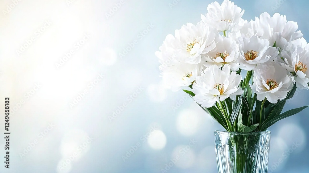 A vase filled with white flowers sits atop a blue countertop beside a blue-white wall A vase filled with white flowers sits atop a blue countertop beside a blue-white wall