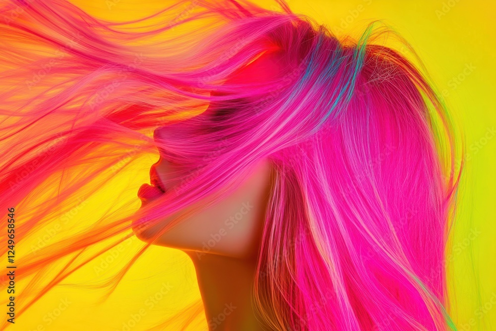 Vivid hair colors create dynamic movement against a bright background in creative art Vivid hair colors create dynamic movement against a bright background in creative art