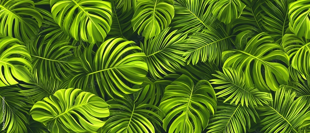 Tropical Palm Leaves Pattern Background in Fresh Green Monsoon Forest. Lush Nature Foliage for Tropical Vacation or Eco-Tourism Advertisement. Tropical Palm Leaves Pattern Background in Fresh Green Monsoon Forest. Lush Nature Foliage for Tropical Vacation or Eco-Tourism Advertisement.