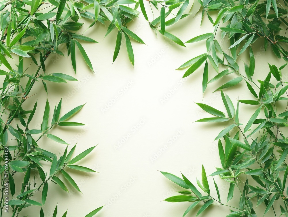 Fototapeta premium Bamboo Zen Garden: Fresh Green Branches Framing a Serene Space for Natural Beauty and Peaceful Contemplation, Isolated on Light Backdrop