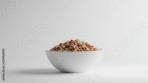 A pristine white background isolates a beautifully presented bowl of granola photo