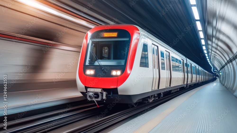 Naklejka premium Modern Subway Train in Motion Inside an Urban Underground Tunnel