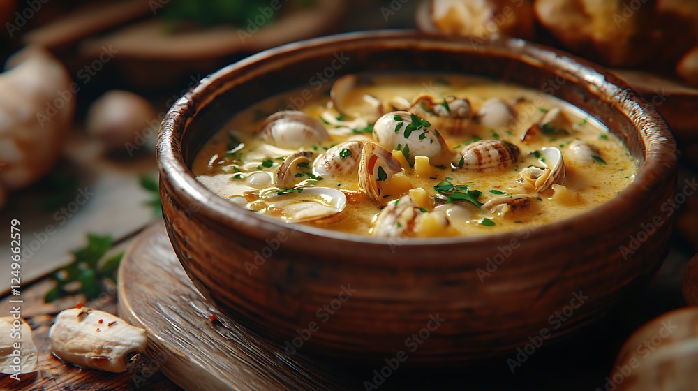 Decadent homestyle bowl clam chowder rich creamy seafood gourmet homemade dish Decadent homestyle bowl clam chowder rich creamy seafood gourmet homemade dish