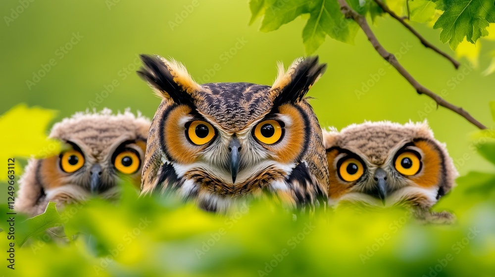 Fototapeta premium Three owls with striking yellow eyes perched among vibrant green leaves in a serene natural setting