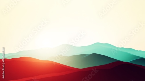 Abstract landscape featuring layered mountain in vibrant color at sunrise, evoking tranquility