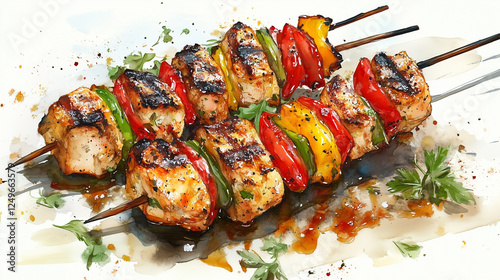 Watercolor illustration of grilled chicken skewers