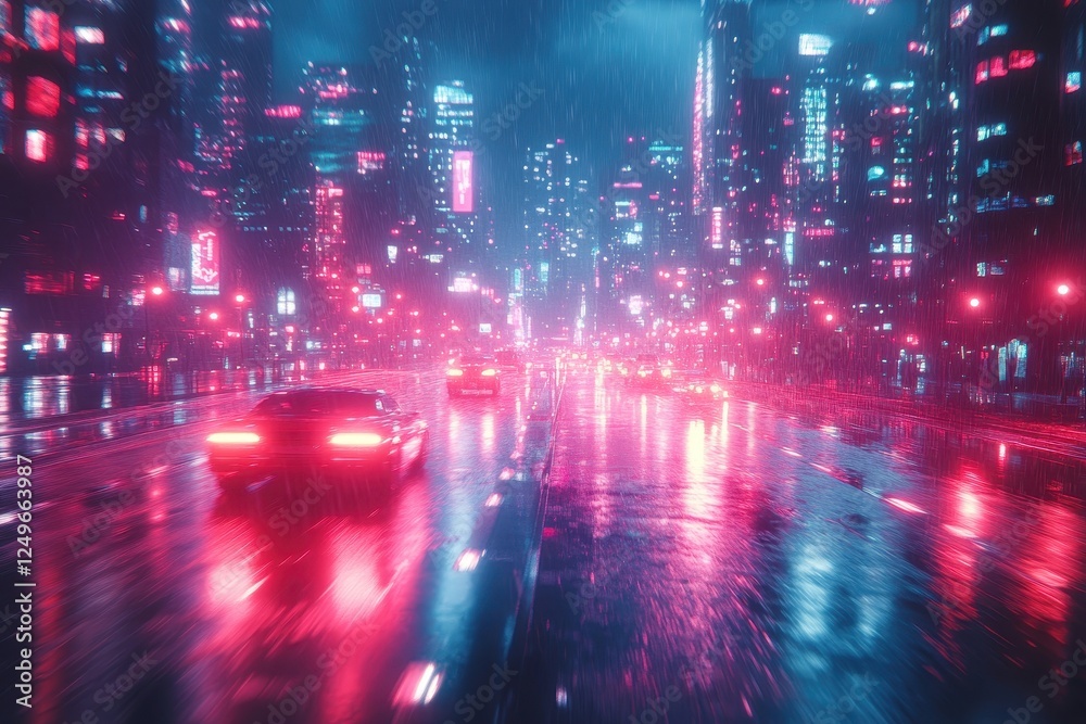 Obraz premium A vibrant cityscape at night with neon lights and rainy streets.
