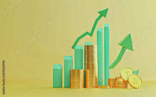 Growth of wealth with gold coins and rising arrows in financial concept