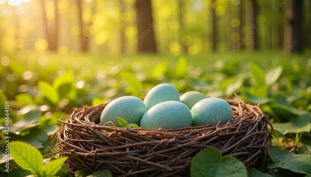 Obraz premium Serene blue eggs nestled in a nest under golden spring light, new life