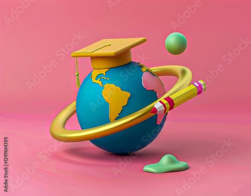 Earth wearing a graduation hat surrounded by colorful elements for learning