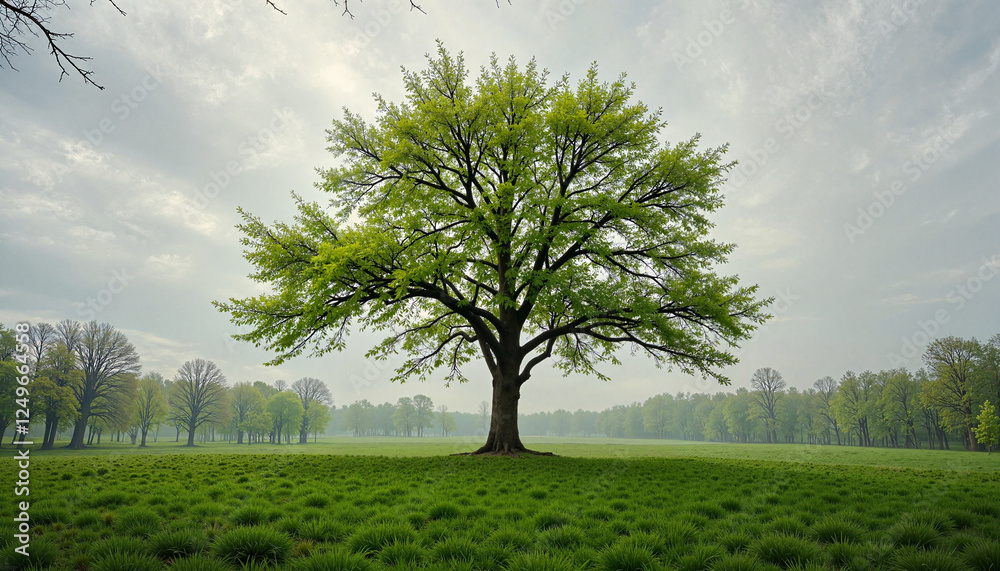 Fototapeta premium Lone budding tree amidst dormant nature, symbolizing spring's arrival