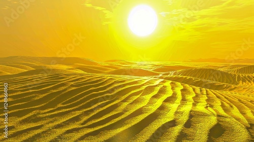 Sunlight glistens on undulating desert dunes under a hazy sky