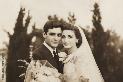 Black and white vintage photo of 1950's happy newlywed  bride and groom couple