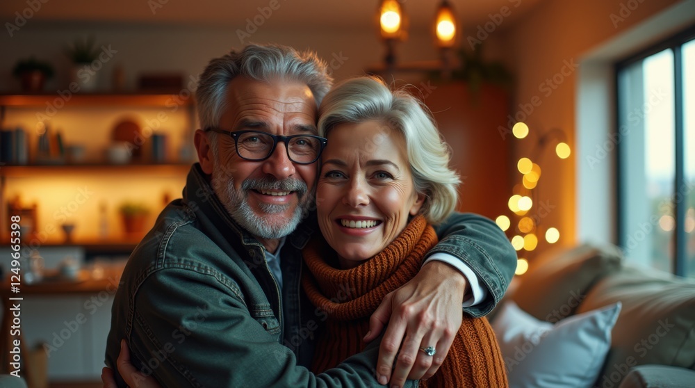 A happy elderly couple hugging and smiling in a cozy home environment with warm lighting.
A happy elderly couple hugging and smiling in a cozy home environment with warm lighting.