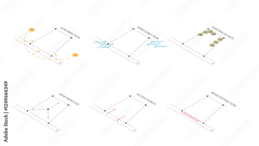 isometric architecture site analysis symbol icon element drawing graphic flat isolated vector. architecture element line sun wind sound sun path vegetation.