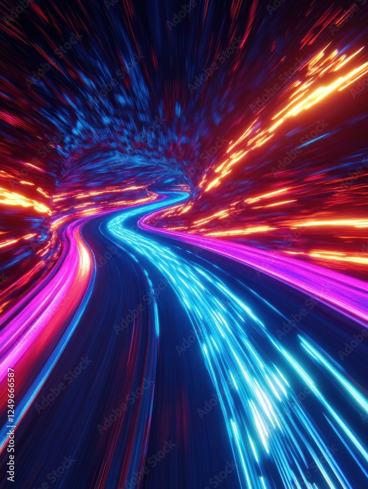 Obraz premium Fast Moving Sports Neon Car On Neon Style Highway. Most Powerful acceleration of a supercar with Colorful Lights Tails Background. Generative AI. illustration