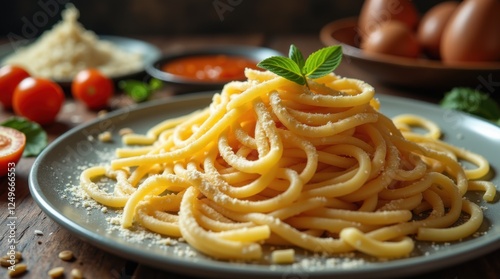 A plate of freshly cooked artisanal pasta topped with grated cheese, served on a rustic wooden table with ingredients in the background.

