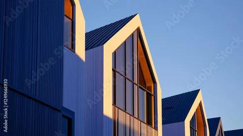 Fototapeta Modern architectural design featuring angular rooftops and large windows against a clear blue sky