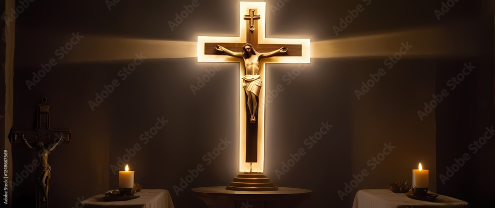 Naklejka premium An elegant oil painting featuring a beautifully crafted Jesus cross shaped as a radiant lamp illuminating a sacred space with soft inviting light