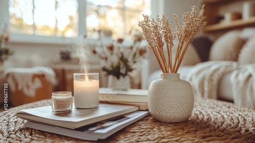 A burning candle on a coffee table with a vase of dried flowers, books, and a cozy living room background.