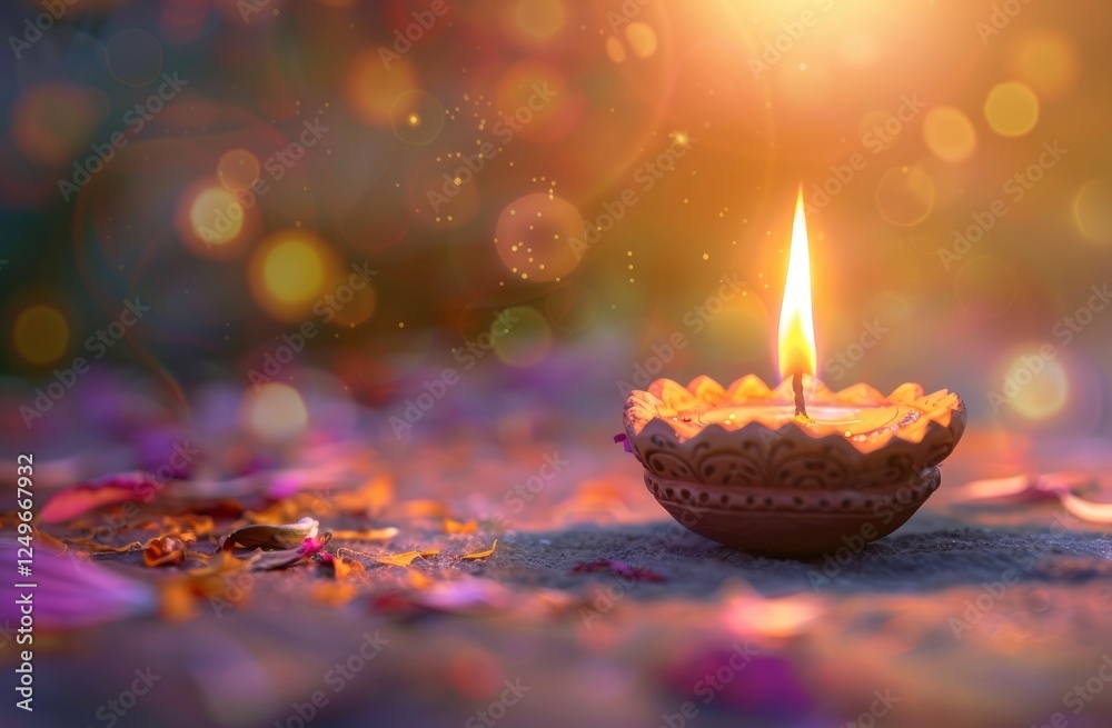 Glowing candles and flowers for Indian holiday Diwali Festival of Light Glowing candles and flowers for Indian holiday Diwali Festival of Light