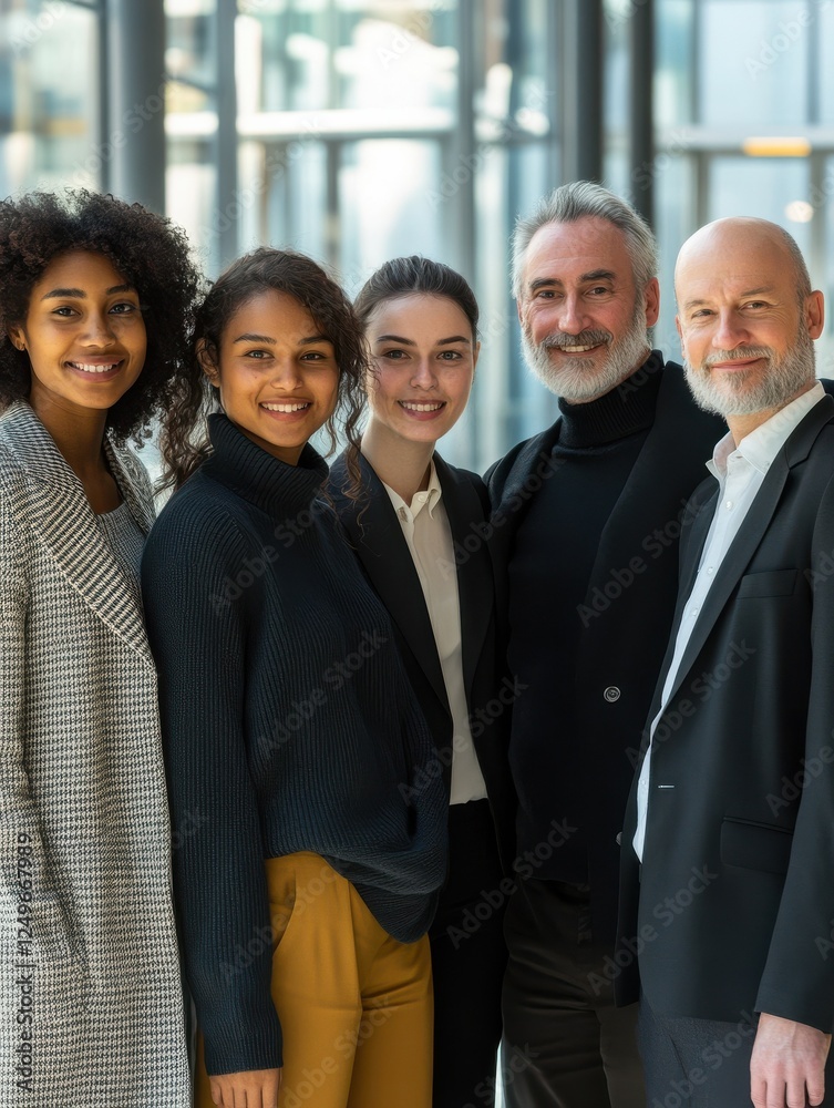 Happy diverse business people team standing together in office, group portrait. Smiling multiethnic international young professional employees company staff with older executive leader look at camera Happy diverse business people team standing together in office, group portrait. Smiling multiethnic international young professional employees company staff with older executive leader look at camera