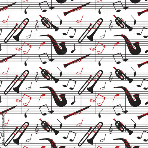 Musical instrument seamless pattern. Repeating print for backgrounds, apparel, textiles, gift wrap, scrapbooking, and more. Black, white, and red. Swatch tile included in eps file.