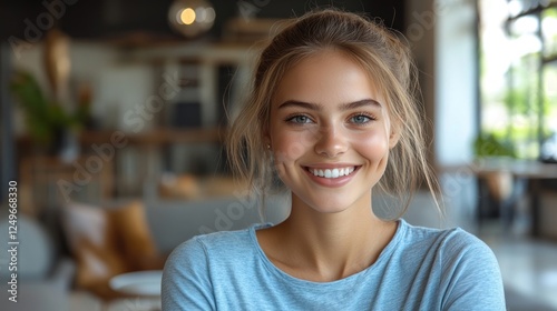 A beautiful young woman with blue eyes and a bright smile.