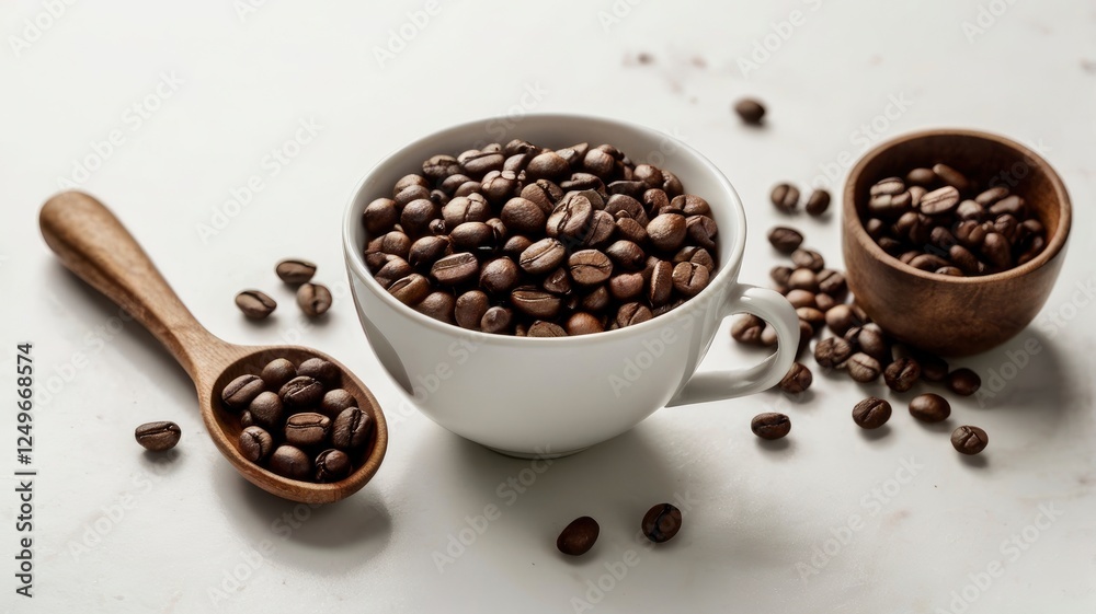 Obraz premium essence of coffee preparation. Include a stylish coffee mug, a small wooden scoop filled with grinded coffee beans, and a few beans scattered around