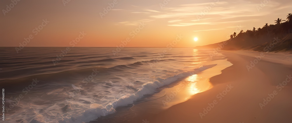 An artistically rendered portrait of a tranquil beach at sunset where warm colors blend seamlessly into the gentle waves lapping the shore An artistically rendered portrait of a tranquil beach at sunset where warm colors blend seamlessly into the gentle waves lapping the shore