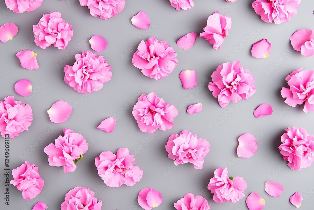 Pink Flowers on Grey Background - A beautiful arrangement of pink flowers and petals scattered on a grey background, creating a vibrant and fresh aesthetic. Pink Flowers on Grey Background - A beautiful arrangement of pink flowers and petals scattered on a grey background, creating a vibrant and fresh aesthetic.