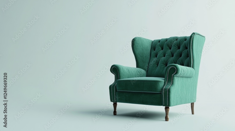 Luxurious, antique green armchair on a white, isolated background. Old, palace furniture. Side view.