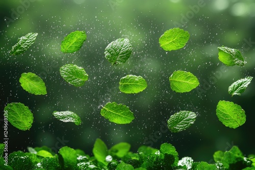 Fresh Mint Leaves Falling, Vibrant Green Nature