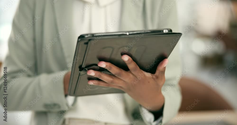 Woman, hands and tablet in research, communication or online networking for schedule planning at office. Closeup of business person or employee working on technology or social media at workplace