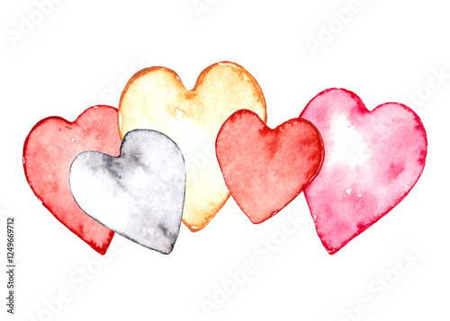 Watercolor clip art of a family of hearts in warm shades
